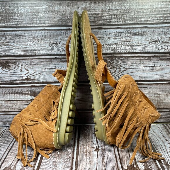 MINNETONKA Women's 10 Brown Ankle Suede Thong Fringe Back Zip Shoes Sandals EUC - Picture 6 of 9